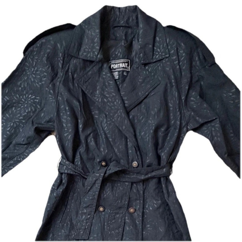 Portrait Long Black Nylon Trench Coat Womens 8 L Belted Waterproof Shoulder Pad - Picture 3 of 14